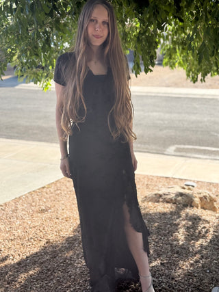 Black Velvet Floral Maxi Dress with Slit | Laciann Collective