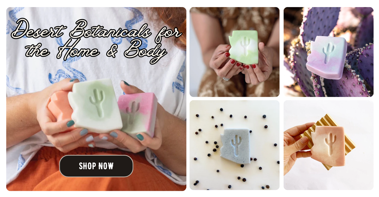Desert Botanicals soap products with cactus design held by people, displayed on a white background.