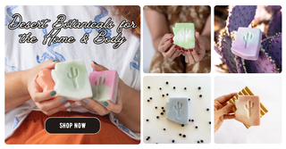 Desert Botanicals soap products with cactus design held by people, displayed on a white background.