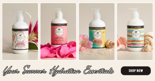 Four bottles of 'dionis' products with flowers and sand in the background, promoting summer hydration essentials.