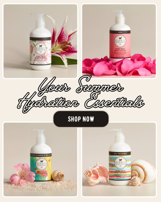Collage of body wash bottles with floral and beach-themed packaging on a beige background.
