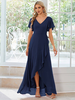 V Neck High Low Ruffles Chiffon Bridesmaid Dress