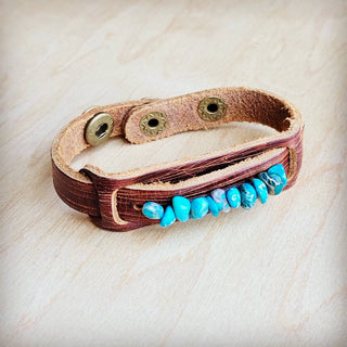 Genuine Leather Narrow Cuff with Turquoise Regalite Stones