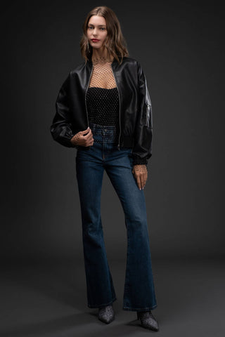 Zip-Up Faux Leather Bomber Jacket – Sleek, Structured & Boutique-Polished