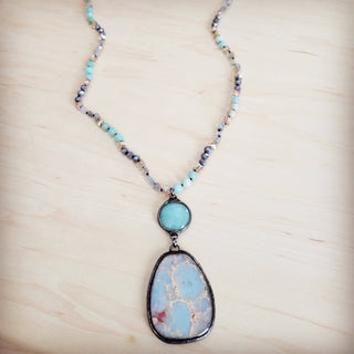 Amazonite & Crystal Long Beaded Necklace w/ Large Jasper Pendant