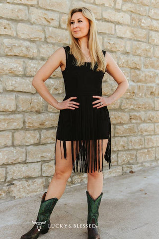 Black Suede Fringe Mini Dress with Whipstitch Detail | Laciann Collective
