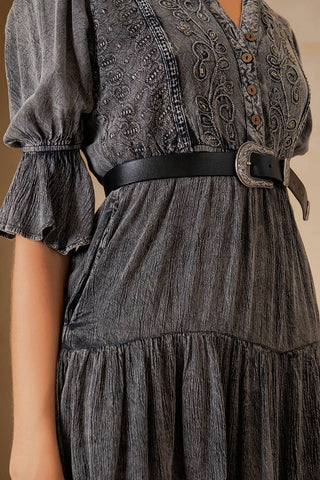 Vintage Romance Stone-Washed Baby Doll Dress with V-Neck