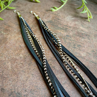 Leather & Feather Long Earrings - Black & Grizzly / Silver