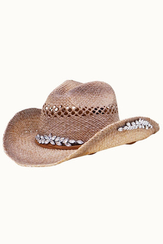 Bejeweled Western Raffia Straw Cowboy Hat with Chin Cord
