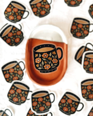Floral Coffee Mug Tea Cup Vinyl Sticker - Clear Background