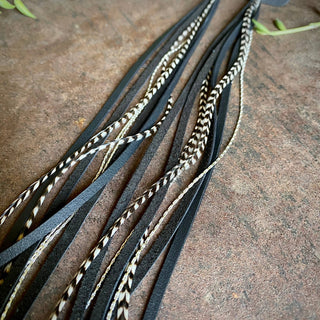 Leather & Feather Long Earrings - Black & Grizzly / Silver