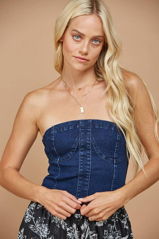 BUSTIER CROPPED DENIM TOP