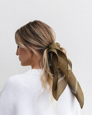 Deep Olive Floral Silk Bandana Scarf
