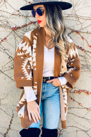 Caramel Open Front Aztec Printed Knitted Cardigan
