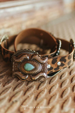 Leopard Genuine Leather Oval Turquoise Stone Concho Belt