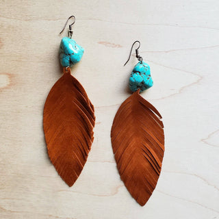 Tan Suede Feather Earrings with Turquoise Chunks