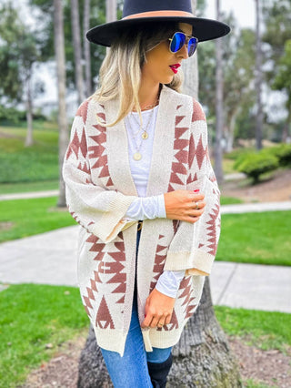 Brown Open Front Aztec Printed Knitted Cardigan