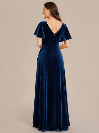 High-low V Neck Velvet evening Evening Dress with Short Sleeves