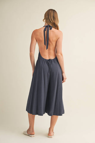 Midnight Blue Halter Wide-Leg Jumpsuit