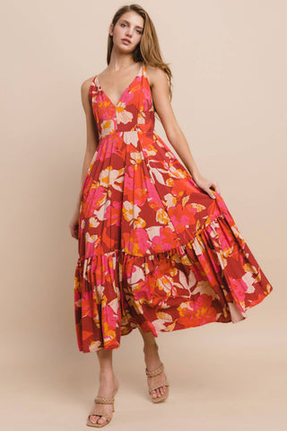 Crimson Floral Midi Dress