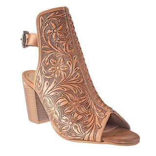 Dalton's Ridge Hand-Tooled Leather Open-Toe Booties in Tan