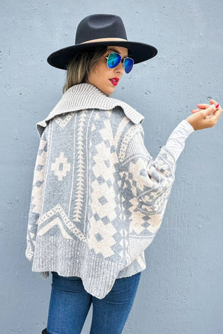Grey Aztec Pattern Dolman Sleeve Open Front Knit Cardigan