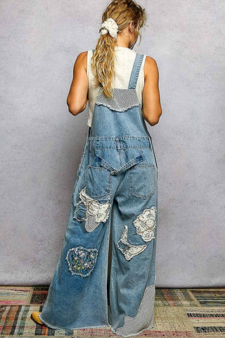 Embroidery Floral Patchwork Buckle Back Woven Denim Overalls