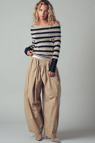 Off-Shoulder Striped Button Cuff Knit Top