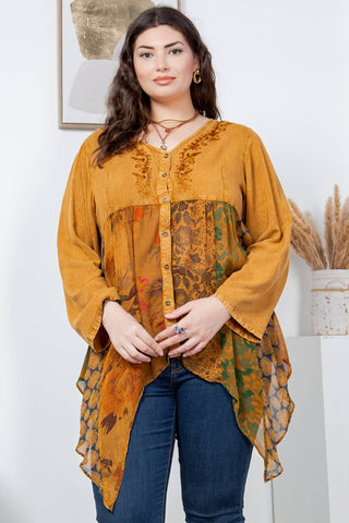 Rustic Bohemian Embroidered Top Camel Button Down Shirt