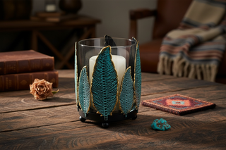 Metal Feather Glass Candle Holder - Southwest Décor