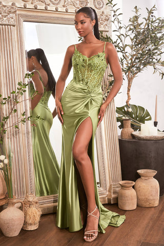 FITTED SATIN GOWN WITH EMBELLISHED BODICE