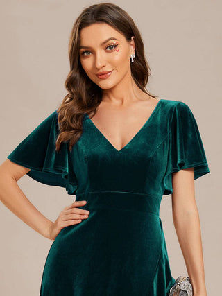 High-low V Neck Velvet evening Evening Dress with Short Sleeves