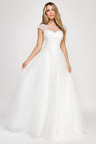 Lace Appliqué A-Line Wedding Dress with Illusion Neckline & Cap Sleeves Tulle Bridal Gown