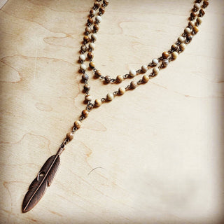 Double Strand Lariat Picture Jasper Necklace w/ Feather