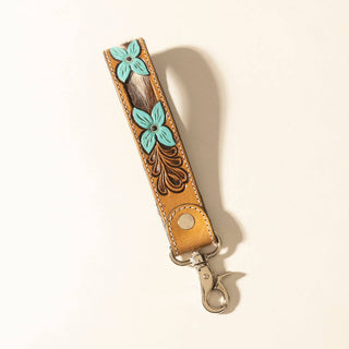 Painted Prairie Hand-Tooled Hairon Leather Key Fob in Desert Lace