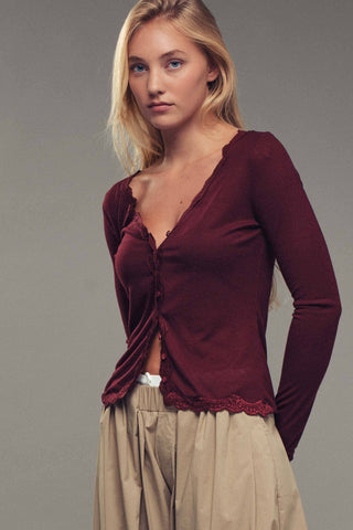 Lace Trim Button-Front Ribbed Knit Top