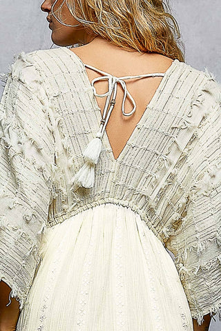 V-Neck Wood Bead Tassel Tie Linen Maxi Dress - Natural