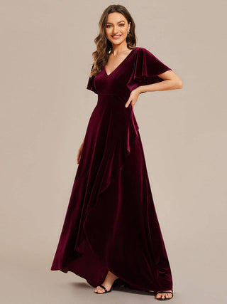 High-low V Neck Velvet evening Evening Dress with Short Sleeves
