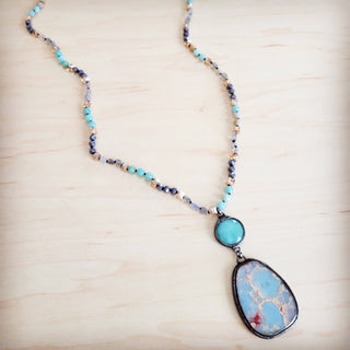 Amazonite & Crystal Long Beaded Necklace w/ Large Jasper Pendant