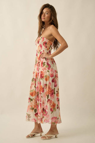 Floral-Print Mesh Smocked Strapless Maxi Dress