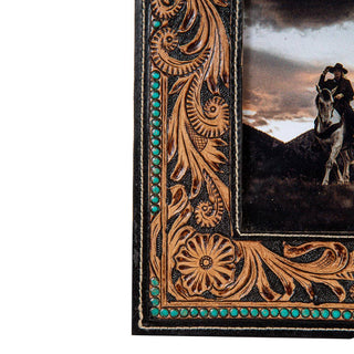 Mesa Plateau Hand-Tooled Leather Turquoise Bead Photo Frame