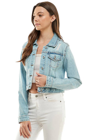Women's Distressed Denim Jacket - 100% Cotton Classic Blue