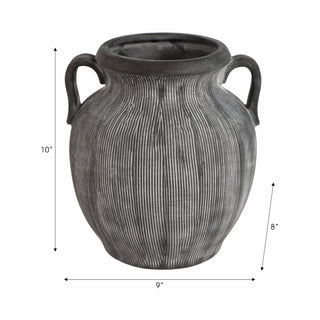 Ceramic Ribbed Texture Weathered Handle Vase – Black, 10 in.