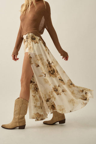 Floral-Print Chiffon Tie-Waist Maxi Skort