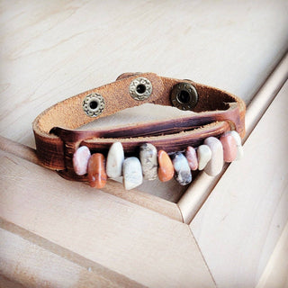 Genuine Leather Narrow Cuff with Aqua Terra Stones