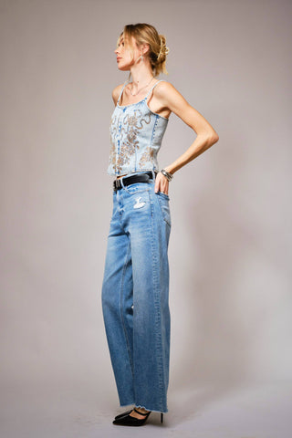 Denim Corset Top with Sequin Bow Detail