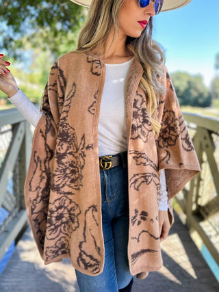 Camel Elegant Floral Print Cape Shawl Ruana Cardigan