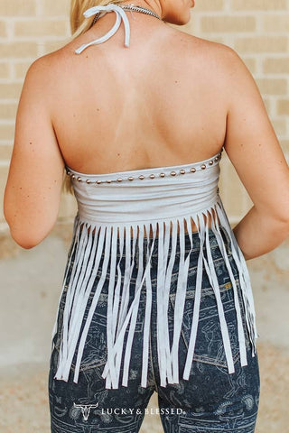 Light Blue Suede Fringe Halter Top with Western Embroidery | Laciann Collective