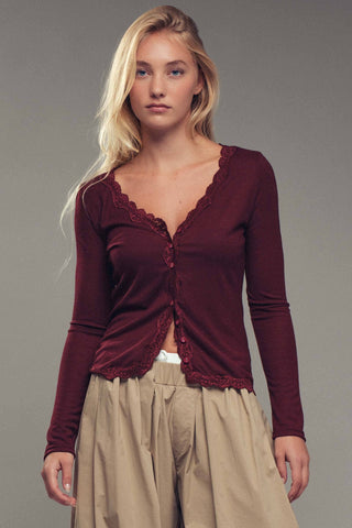 Lace Trim Button-Front Ribbed Knit Top