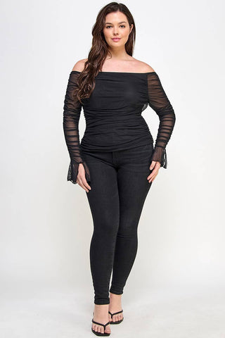 Plus Size Over the Shoulder Ruched Mesh Top